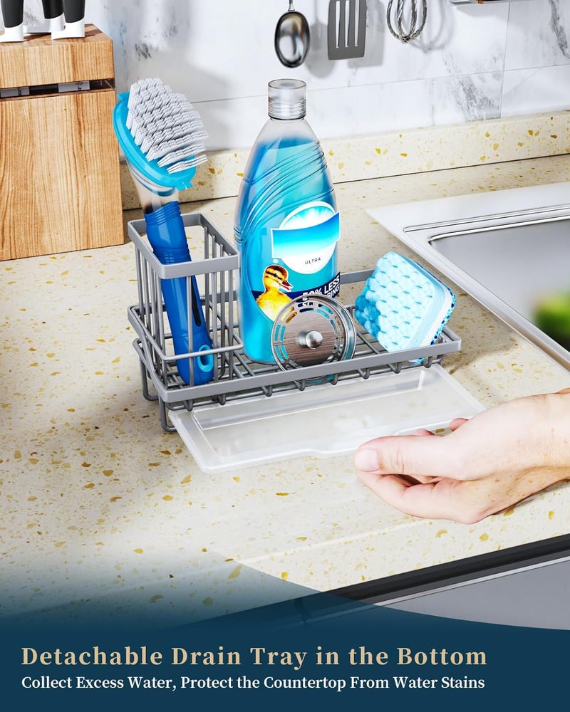 Consumest Sponge Holder for Kitchen Sink - Kitchen Sink Caddy Organizer with Removable Drip Tray for Countertop Dish Soap Dispenser Brush Storage Accessories 304 Stainless Steel, Grey - Image 4
